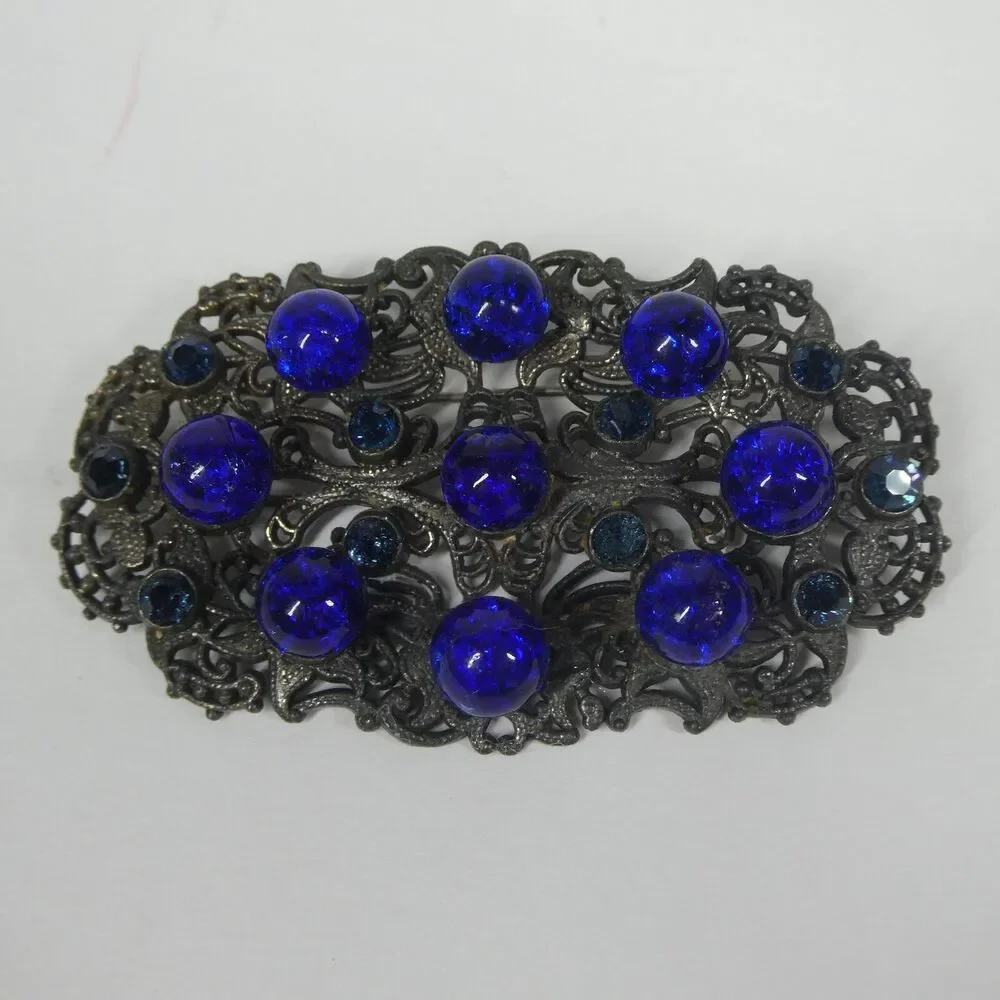 Silver Filigree Blue Rhinestone & Glass Crystal Brooch Antique Pin Czech?